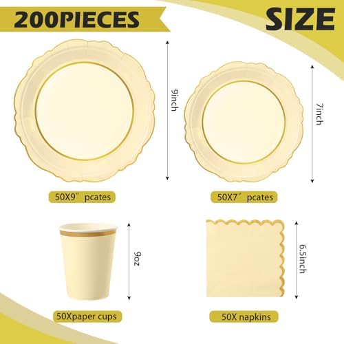 Tioncy 200 Pcs Party Paper Plates Cups Napkin Set Serve 50, Yellow - Image 2