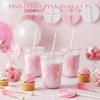 LemonRoad 100sets 16oz Pink Bow Cups Pink Birthday Party Decorations Supplies Cute Plastic Cups Disposable with Lids and Straws for Valentines Galentines Day Christmas Wedding Baby Shower Decorations - Image 5