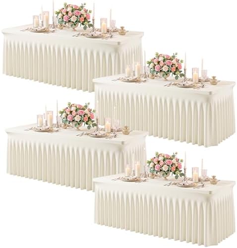 4 Pack Ivory Spandex Tablecloth for 4FT Rectangle Tables, Fitted Stretch Table Cover with Skirt, Wrinkle Free Washable Elastic Table Cloth for 4 Foot Folding Table, Wedding Banquet Baby Shower by Gogoparti