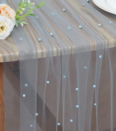 Set of 6 Pearl Table Runner 29 x 120 Inch Dusty Blue Tulle Fabric Lace Table Runners Boho Rustic Table Runners for Bridal Shower Birthday Party Wedding Arch Aisle Veil Dessert Table Decor(Dusty Blue) by JALANCY