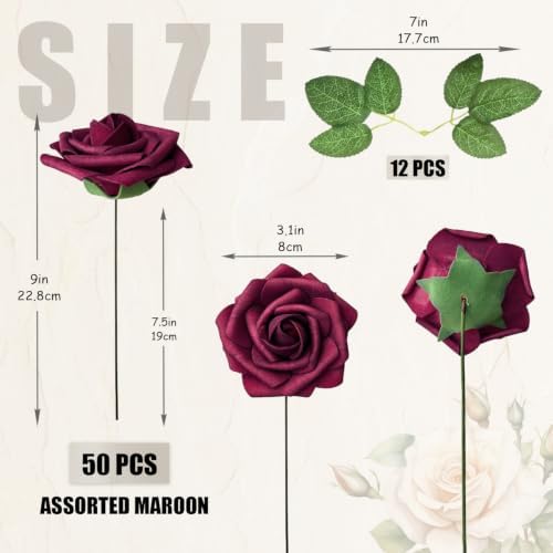 50pcs Burgundy Maroon Foam Fake Roses with Stems Dark Red Mauve Artificial Flowers Real Looking for Wedding Bouquets Bridal Shower Centerpieces Floral Arrangements Party Tables Home Decor Bulk - Image 4