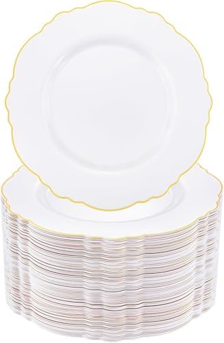 WDF 60pcs Gold Plastic Dinner Plates -10.25inch Baroque White and Gold Plates Fancy Plastic Plates for Upscale Party/Wedding/Birthday/Fall Party by WDF