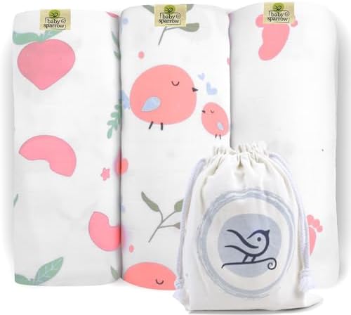 BabySparrow Muslin Swaddle Blankets 3-Pack – Pink Bird 47x47 Cotton Baby Swaddles for Newborns, Soft Breathable Receiving Blankets & Newborn Essentials, for Girls & Boys - Image 2