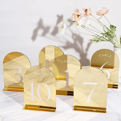 UNIQOOO Gold Mirror Arch Wedding Table Numbers with Stands 1-20, 5x7 Acrylic Display Signs and Holders, Pack of 20, Perfect for Centerpiece, Reception, Decoration, Party, Anniversary, Event - Image 6