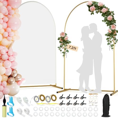 Arch Backdrop Stand and Cover Set| 7.2ft Wedding Metal Arch Stand with Spandex Fitted Backdrop Cover|Gold Balloon Arched Frame White Arch Cover for Birthday Party Baby Shower Graduation Ceremony Décor by LifeisLuck