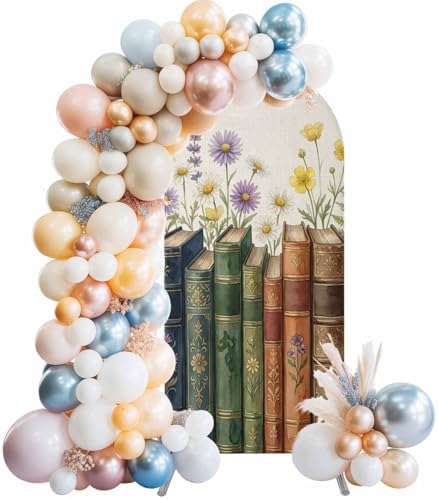 Colored Books Arch Backdrop Cover 6.6 FT, Vintage Floral Book Spines Linen Texture Wedding Arch Cover Stretchy Backdrop Stands Covers for Birthday Party Ceremony Banquet Decor by Unknown