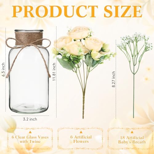 Zeyune 6 Sets Mason Jar Table Centerpiece with Artificial Peony Baby's Breath Flower Centerpieces Faux Flowers with Rope for Wedding Reception Engagement Bridal Shower Rustic Table Decor(Champagne) - Image 4