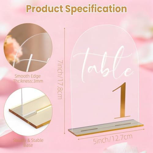 Arch Acrylic Wedding Table Numbers with Gold Font & Stands - 5''x7'' Clear Acrylic Table Number Signs for Wedding Reception, Anniversary, Event & Party Decor (Set 1-10) - Image 3