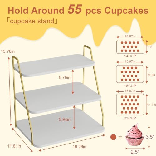 VyGrow Cupcake Stand, 3-Tier Dessert Stand for 55 Cupcakes, Wood & Metal Tower Display Premium Holder Dessert Tree Tower for Christmas Birthday Weddings Party Decor, 16.26" L x 11.81" W x 15.76" H - Image 4
