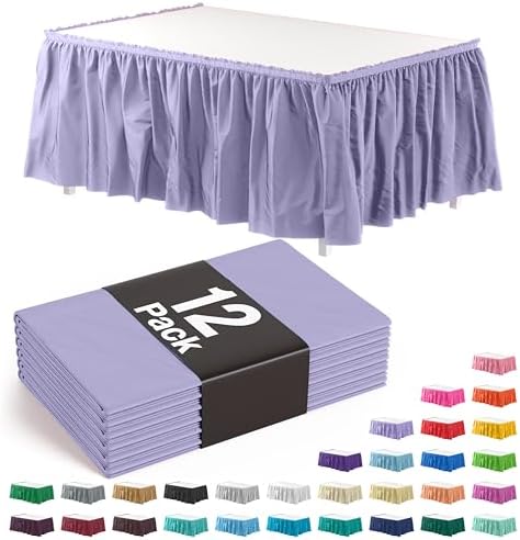 Exquisite Lavender Table Skirt 12 Pack - Disposable Plastic Table Skirts for Rectangle Tables 6ft 8ft & Round Tables - 29in x 14ft Self-Adhesive Strip - Birthday Wedding Gender Reveal Decor by Exquisite