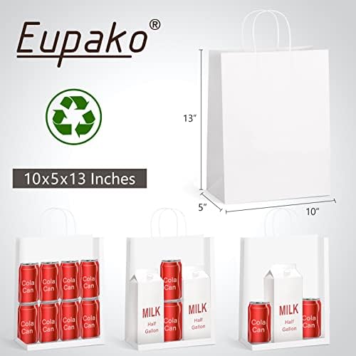 Eupako 10x5x13 White Paper Bags 100 Pack, Kraft Gift Bags with Handles - Image 4