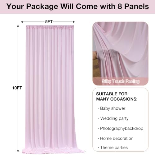 40ftx10ft Wrinkle Free Light Pink Backdrop Curtains for Parties, Silky Polyester Photo Backdrop Drapes 8 Panels 5x10ft Back Drop Cloth for Wedding Birthday Baby Shower Photography Background - Image 6