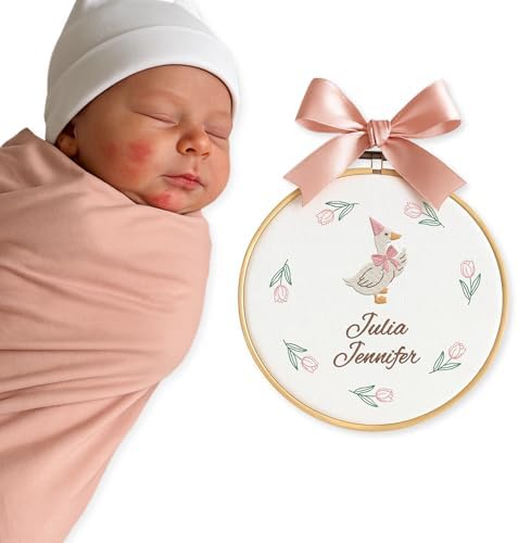 Embroidery Baby Name Sign, Personalized Welcome Baby Hoop Sign with Bow, Custom Baby Name Sign for Hospital, Infant Baby Shower Gifts New Parents (04) by Chikky