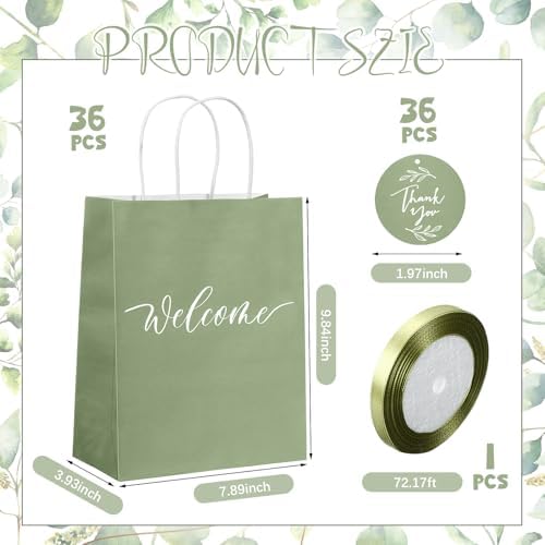 Queekay 36 Pcs Large Welcome Paper Gift Bags with Handle 10.6 x 8.3 x 4 Inches with 36 Tags Wedding Church Party Favor Bridal Gift Bags for Guest Birthday Baby Shower(Classic,Sage Green) - Image 2