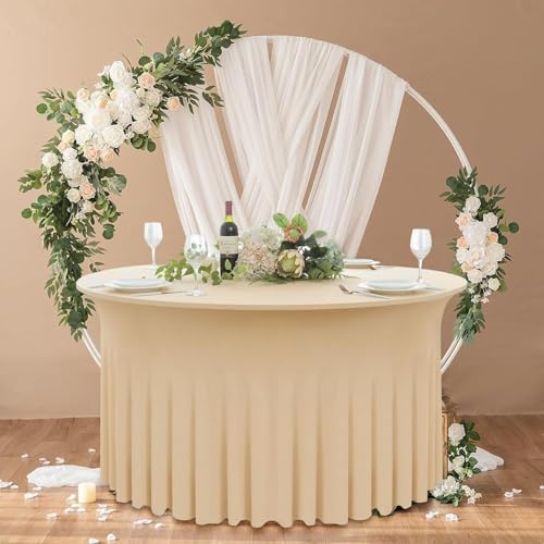 8 Pack Champange Spandex Round Tablecloths for 60 inch Tables,120inch Fitted 5FT Stretchy Round Table Cloth,Wrinkle Free Spandex Table Cover with Ruffle Skirtfor Wedding Party Dining Banquet - Image 2