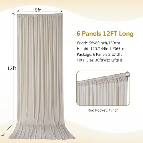 30×12ft Wrinkle Free Beige Backdrop Curtain for Wedding Parties-6 Panels 5×12ft Long Soft Silky Polyester Backdrop Drapes Photo Back Drop Curtains for Party Photography Background Cloth - Image 4