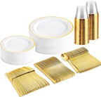 bUCLA 150PCS Gold Plastic Plates Disposable - Heavy Duty Gold Plates Include 25 Dinner & 25 Dessert Plates,25 Forks,25 Knives,25 Spoons&25 Cups for Party, Thanksgiving, Fall Harvest & Autumn by BUCLA