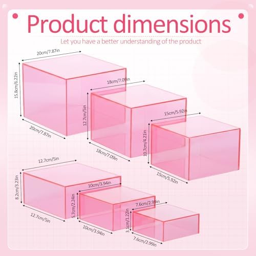 Geelin 6 Pcs Acrylic Risers Cube Stands, Clear Pink, 3 to 8 Inch, Square - Image 2