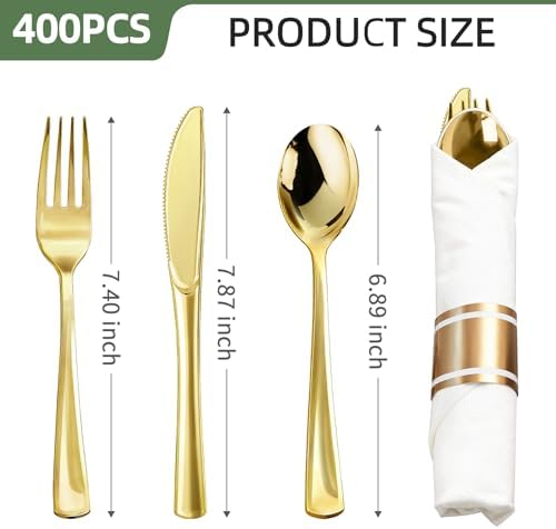 400PCS Pre Rolled Gold Plastic Silverware Sets, Include 100 Pack Wrapped Silverware Set, Rolled Silverware Disposable with Napkins for Parties and Weddings - Image 2