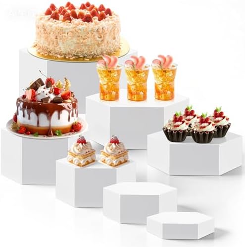 Leinuosen 7 Pcs Large Hexagonal Buffet Risers Set 6" to 12" Acrylic Display Box Catering Dessert Table Riser Food Display Decorative Stand with Hollow Bottom for Catering Supplies(White) by Leinuosen