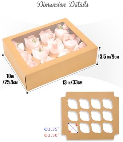 qiqee Auto-pop Up Cupcake Boxes with Window Brown 40PCS 12 Count Cupcake Box 13"x10"x3.5" Cupcakes Carrier, 12 Cupcake Containers with 2 rolls of pink ribbons - Image 5