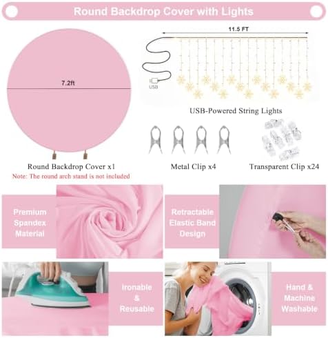 Gallety 7.2FT Pink Round Backdrop Cover with String Lights, Adjustable Fit for 5FT–7.2FT Circle Arch Stands, 4 Metal Clips & 24 Clear Clips, Circle Backdrop Cover for Wedding, Birthday & Baby Shower - Image 2