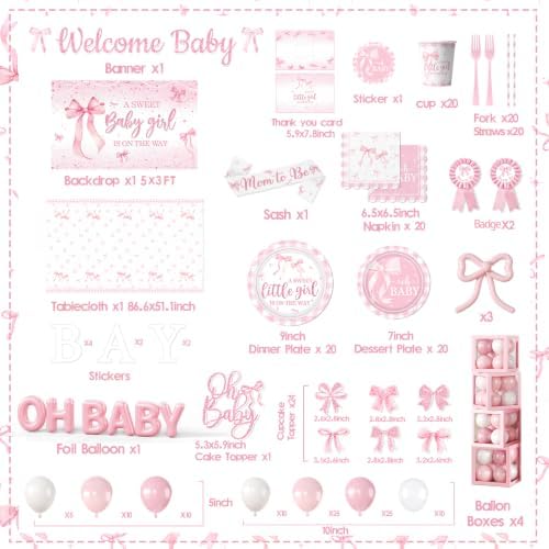 264Pcs Pink Bow Baby Shower Decorations - Pink Bow Birthday Party Supplies Include Plates Napkins Tablecloth Banner Balloons Cake Topper Coquette Baby Shower Decorations for Girls Serves 20 - Image 6