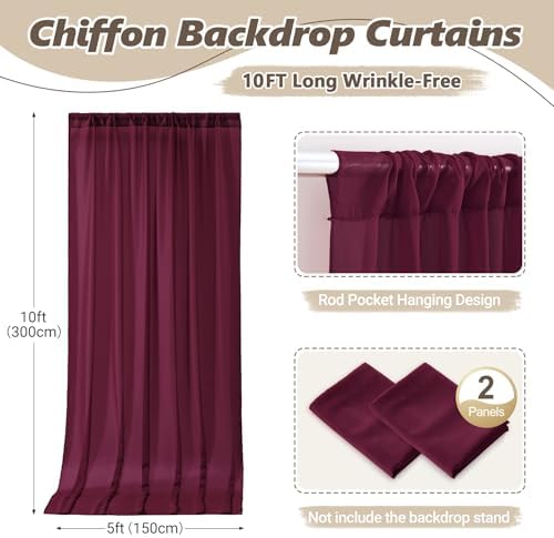 10ft x 10ft Burgundy Backdrop Curtains, Wrinkle-Free Sheer Chiffon Fabric Photo Backdrop Drapes for Wedding Arch Party Ceremony Stage Photography Decorations - Image 3