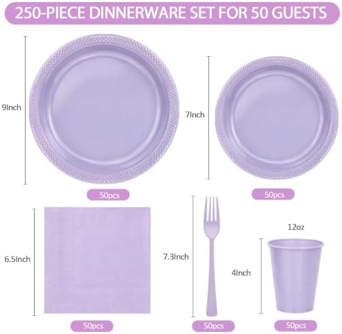 250Pcs Lavender Plastic Plates Party Supplies, Disposable 9" & 7’’Purple Dessert Plates and Napkins, Cups, Plastic Cutlery, Heavy Duty Dinnerware Set for Birthday, Baby Shower, Wedding, BBQ - Image 2