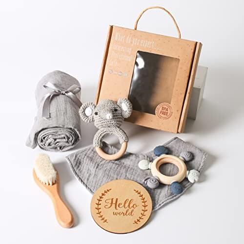 YOUUYS Baby Gift Set for Newborn - Baby Essential Bath Basket Gift Set with Baby Blanket Baby Rattle Teether Toy & Hair Brush Newborn Shower Gift for Baby Girls Boys 6PCS (Elephant) by YOUUYS
