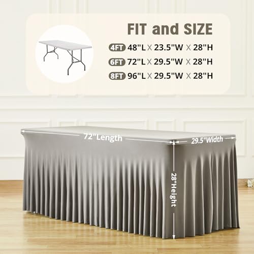 Besutolife Rectangle Table Skirt Black Stretch Tablecloth One-Piece Wrinkle-Resistant Ruffles Design Perfect for Banquets Parties Wedding Dining Table (Grey, 6ft) - Image 3