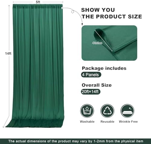20ft x 14ft Hunter Green Backdrop Curtains for Wedding Parties, 4 Panels Wrinkle Free Polyester Fabric Drapes for Reception, Photography Background, Baby Shower & Stage Decor (5ft x 14ft Each) - Image 6