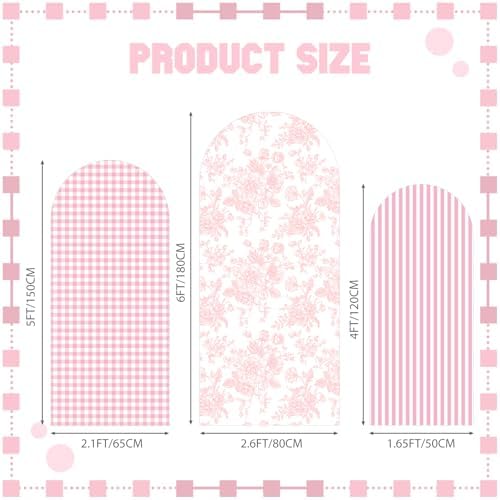 SiliFine Set of 3 Pink Chinoiserie Floral Arch Cover 4ft 5ft 6ft Gingham Stretchy Backdrop Covers Striped Backdrop Cover for Wedding Birthday Party Bridal Shower Baby Shower Celebration - Image 2