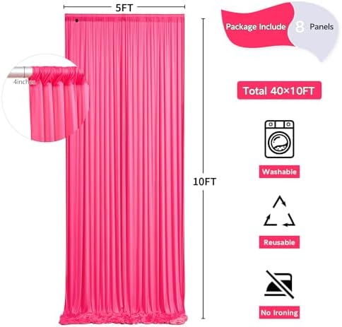 40 ft x 10 ft Wrinkle Free Fuchsia Backdrop Curtain for Parties, 8Panels Polyester Hot Pink Photo Backdrop Drapes for Wedding Birthday Party Baby Shower - Image 5