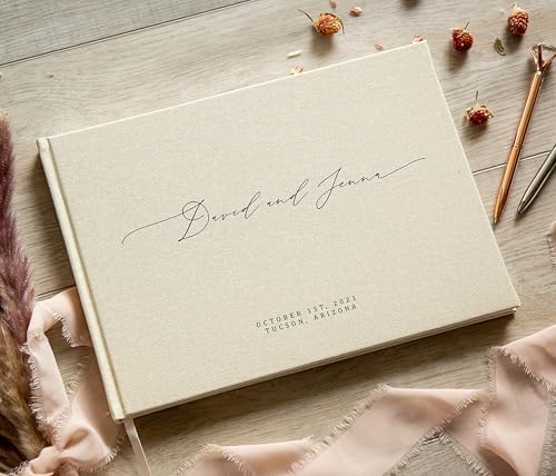 MUUJEE Personalized Guestbook in Cream - Premium Custom Modern Guest Book for Wedding Reception, Birthday Party or Events w/Bookmark Blank Pages for Signing, Extra Large 11.5 x 8.5 inches - Image 5