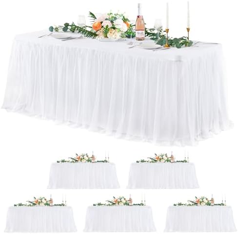 6 Pack White Tulle Tablecloths for 8 Foot Rectangular Tables 8ft White Tulle Table Skirt Wrinkle Free Table Cloth Cover with Tutu Skirt for Wedding Bridal Shower Birthday Party Banquet Buffet Cake by Suppromo