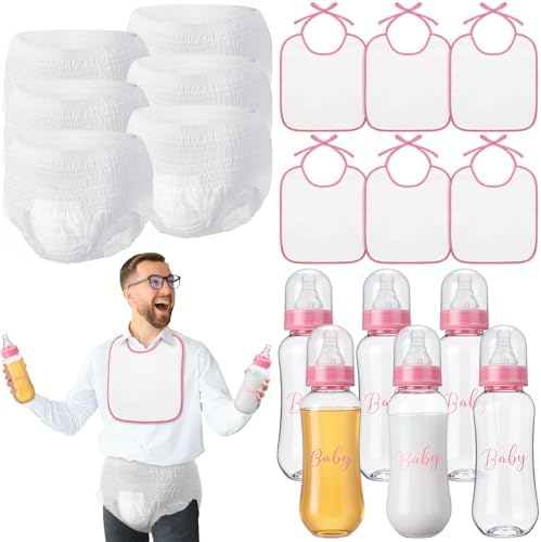 6 Sets Bottle Chug Baby Shower Games Juegos Para Plastic Baby Bottles Bibs Disposable Diapers Gender Reveal Games Baby Changing Diaper Race Game Decoration (Pink) by giftlyze
