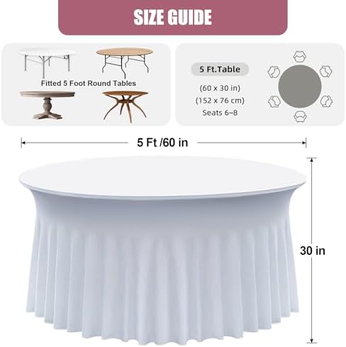2 pk White Round Spandex Tablecloth for 60in Tables, Wrinkle Free Stretchy 120inch Fitted 5FT Table Cloths Round Table Covers with Skirt for Wedding Party Dining Banquet Events - Image 4
