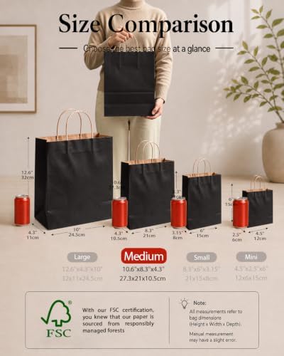 qiqee 400-Packs Black Paper Gift Bags with Handles Bulk 10.6"x8.3"x4.3" Medium Size Paper Bags Multiple Uses - Image 2