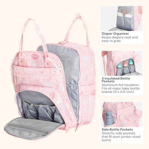 BabbleRoo Diaper Bag Backpack - Baby Essentials Travel Tote - Multi Function Water Resistant Diaper Bag, Travel Essentials Baby Bag with Changing Pad, Stroller Straps & Pacifier Case - Pink Birdy - Image 4