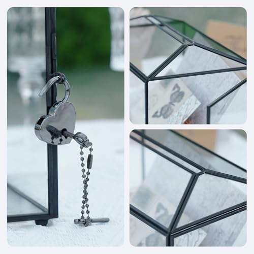 Wedding Glass Cards Box with Slot and Lock, 10.2 x 5.9 x 7.9 Inch, Black Geometric Cards Holder for Birthdays Party Reception, Wishing Well - Slot Length 6.3'' - Image 5