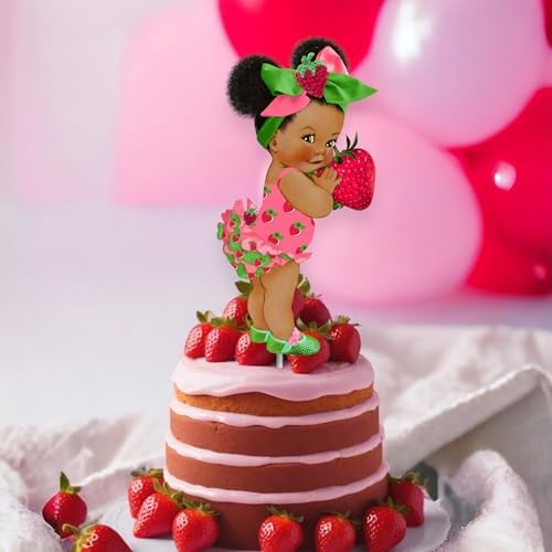 Strawberry Theme Baby Shower/Birthday Centerpieces, 10 inches, Cardstock Paper, Double Sided, Lollipop Stick Attached (5, African American) - Image 3