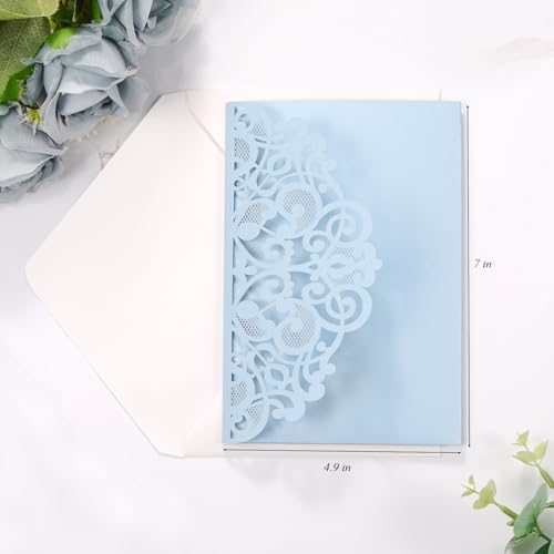 50pcs Dusty Blue Laser Cut Wedding Invitations Card Pocket with Envelope - Image 2