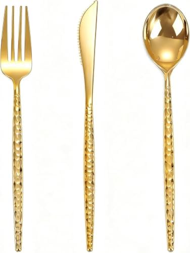WELLIFE 300 Pcs Gold Plastic Silverware,Plastic Utensils Heavy Duty by WELLIFE