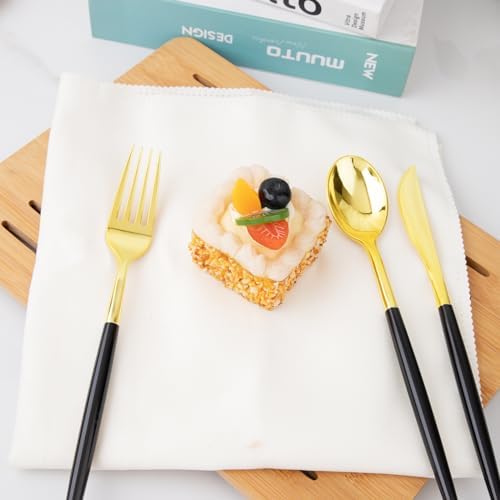 I00000 300Pcs Black Plastic Silverware, Happy New Year Gold Disposable Silverware, Black and Gold Plastic Utensils Include 100 Forks 100 Knives 100 Spoons,Disposable Cutlery for Wedding (Pack of 2) - Image 6