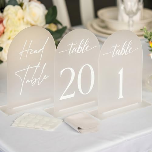 Frosted Arch Acrylic Table Numbers for Wedding Reception -20 Pack 5" x 7" White Font Table Number Centerpiece Set with Holder Stands & Head Table Sign - Anniversary, Event, Party, Wedding Table Numbers 1-20 - Image 4