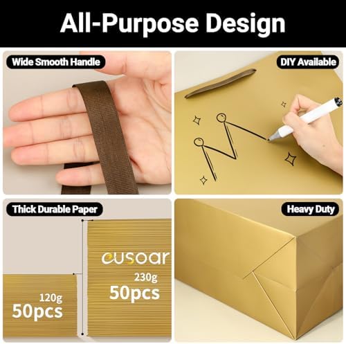 EUSOAR Gold Large Paper Wrap Bags - 50pcs, 16"x6"x12", Handles, Bulk Merchandise Retail Shopping Wrapping Bags for Business, Craft, Grocery, Boutique, Party Favor, Wedding - Image 3
