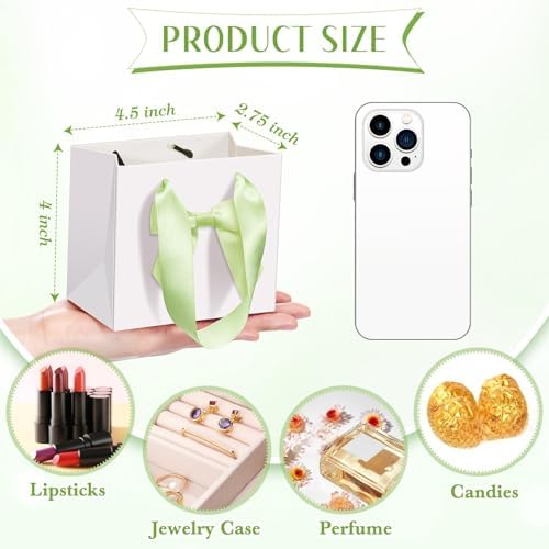Kolldenn 50 Pcs Small White Gift Bags Bulk with Green Bow Ribbon Handles - Image 5