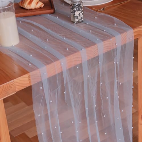Set Of 6 Pearl Table Runner 10ft, 29 X 120 Inch Light Blue Tulle Table Cover, Pearl Sheer Table Runner For Wedding Party Baby Shower Birthday Home Decor by WelcometoPsasrm--Direct
