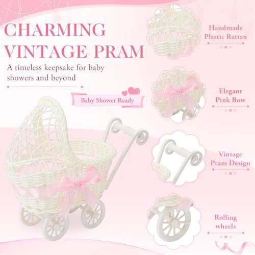 4 Pack Rattan Baby Carriage Floral Arrangement Pink Baby Shower Table Centerpiece Stroller Candy Serving Basket for Guests Gender Reveal Wedding Party Favor Gift, Floral Not Included - Image 3